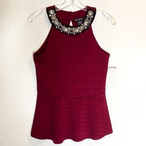 Miss Chievous Burgundy Peplum Rhinestone Top